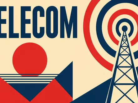 United Internet AG DE0005089031 zeigt Bauhaus-Poster mit geometrischen Formen, Sendemast und Schriftzug TELECOM - Foto: THN