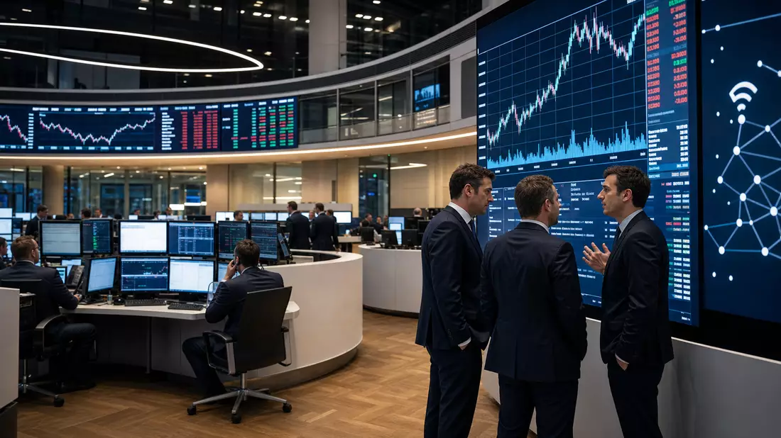 Editorialfoto vom Trading-Floor mit Kursdiagrammen und Netzwerksymbolen