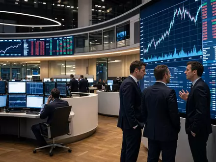 United Internet AG DE0005089031 begleitet Börsen-Editorial vom Frankfurter Trading-Floor mit Kursdiagrammen und Netzwerksymbolen - Foto: THN