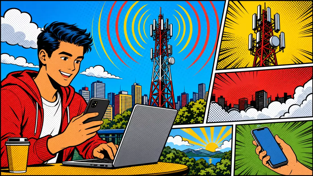 Pop-Art-Comic mit Sendemast, Signalwellen und Person am Laptop