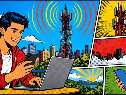 United Internet AG DE0005089031 inszeniert Pop-Art-Comic mit Sendemast, Signalwellen und lächelnder Person am Laptop - Foto: THN