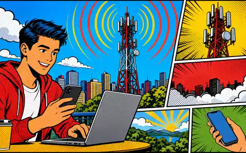 United Internet AG DE0005089031 inszeniert Pop-Art-Comic mit Sendemast, Signalwellen und lächelnder Person am Laptop - Foto: THN
