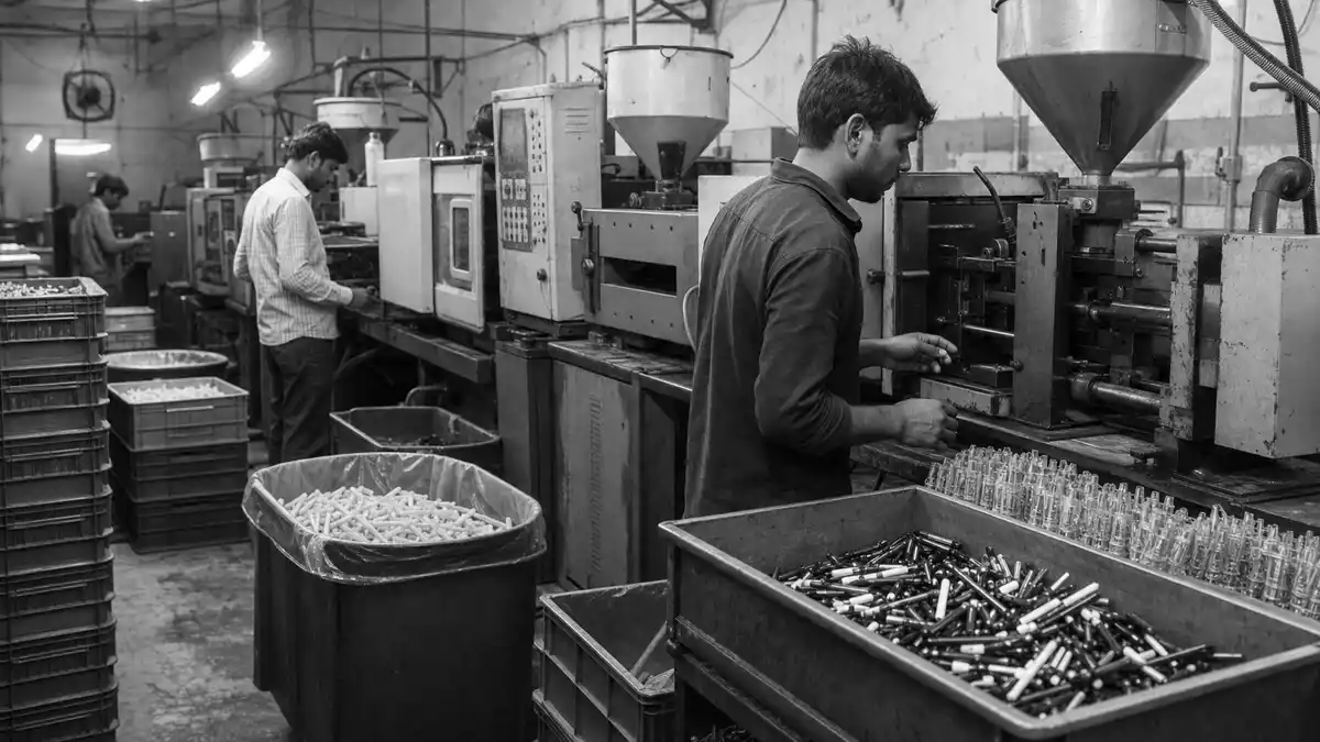 Dokumentarische Schwarzweißaufnahme von Arbeitern an Spritzgussmaschinen in Fabrik