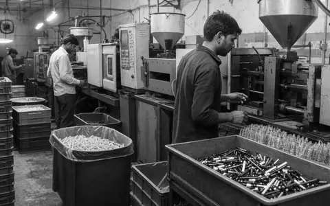 Schwarzweiß-Reportage aus einer Kunststofffabrik zeigt Arbeiter, passend zu Société BIC S.A., ISIN FR0000120198, im Konsumgütersektor - Foto: THN