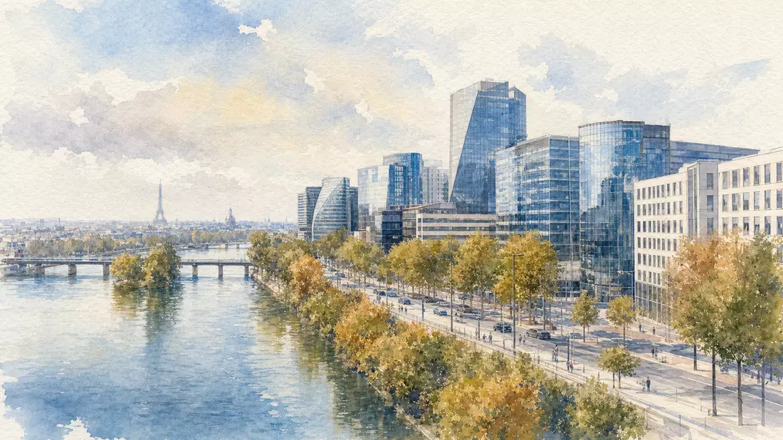 Aquarellmalerei einer modernen Bürostadt am Fluss nahe Paris mit Bäumen