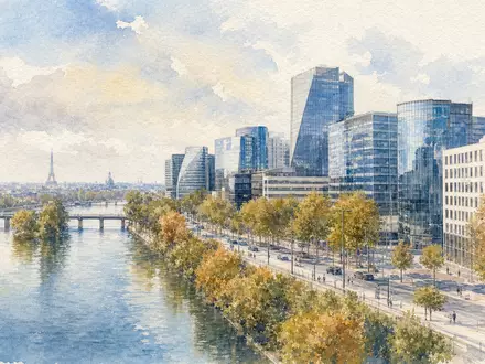 Aquarellansicht einer Geschäftsstadt am Fluss repräsentiert den Sitz von Société BIC S.A., ISIN FR0000120198 - Foto: THN