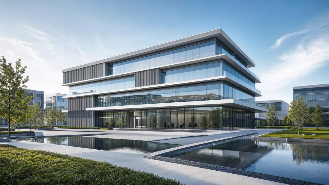 Architekturvisualisierung eines modernen Glasbürogebäudes mit Wasserbecken