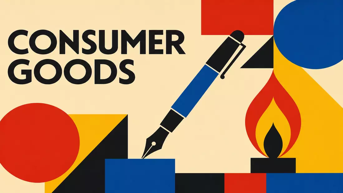 Bauhaus-Poster mit geometrischen Formen, Stift- und Flammensymbol, Text CONSUMER GOODS