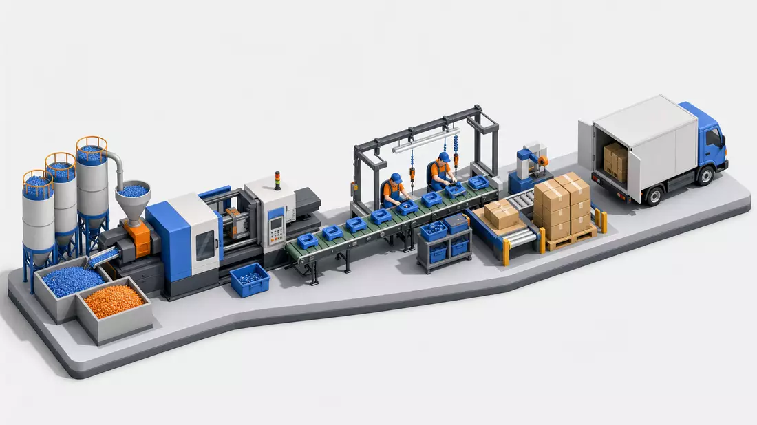 Isometrische 3D-Illustration einer Fertigungskette mit Maschinen und Lieferwagen