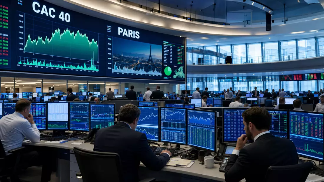 Trading-Floor mit Bildschirmen, CAC-40-Chart und Händlern in Paris