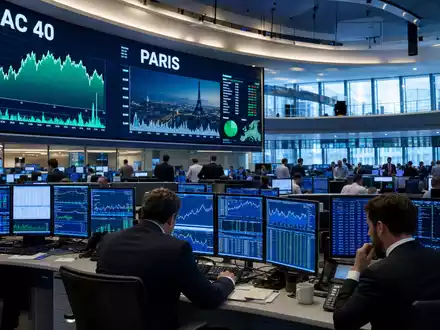 Börsen-Editorial vom Pariser Trading-Floor mit CAC-40-Charts illustriert die Notierung von Société BIC S.A., ISIN FR0000120198 - Foto: THN