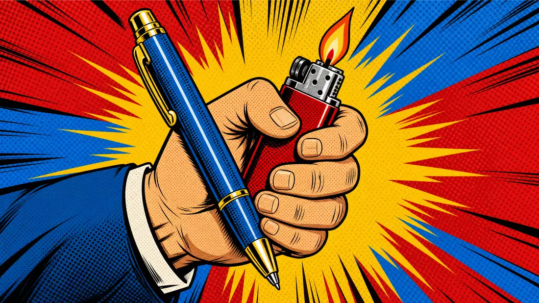 Pop-Art-Comic mit Hand, die Stift und brennendes Feuerzeug hält