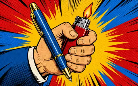 Pop-Art-Comic mit Hand, Stift und Feuerzeug feiert die Alltagsprodukte der Société BIC S.A., ISIN FR0000120198 - Foto: THN