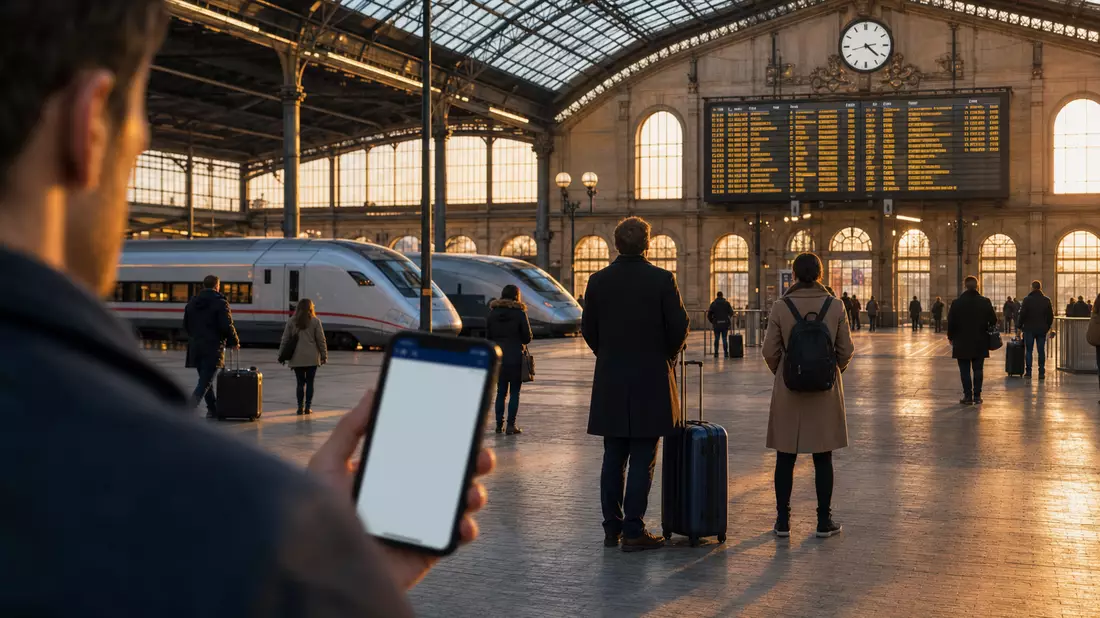 Reisende mit Smartphone am Bahnhof, Anzeigetafel und Zügen im Hintergrund