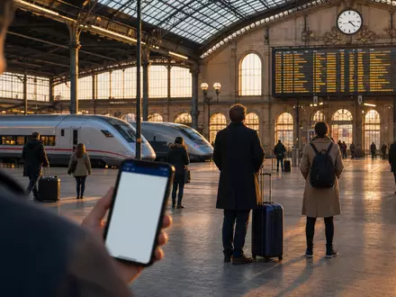 Fotorealistische Bahnhofsszene symbolisiert Trainline plc, ISIN GB00B4Z5Y988, digitale Zugticket-Plattform für Reisende in Europa - Foto: THN