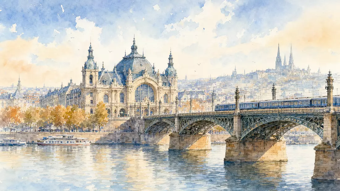 Aquarellmalerei eines Bahnhofsgebäudes mit Eisenbahnbrücke über einem Fluss