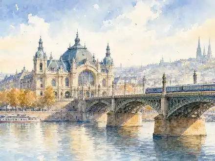 Aquarellbild eines historischen Bahnhofs illustriert die europäische Reisebranche von Trainline plc, ISIN GB00B4Z5Y988, künstlerisch stimmungsvoll - Foto: THN
