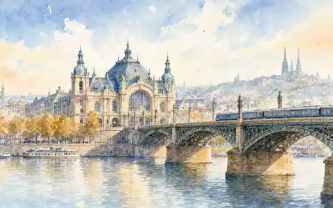 Aquarellbild eines historischen Bahnhofs illustriert die europäische Reisebranche von Trainline plc, ISIN GB00B4Z5Y988, künstlerisch stimmungsvoll - Foto: THN