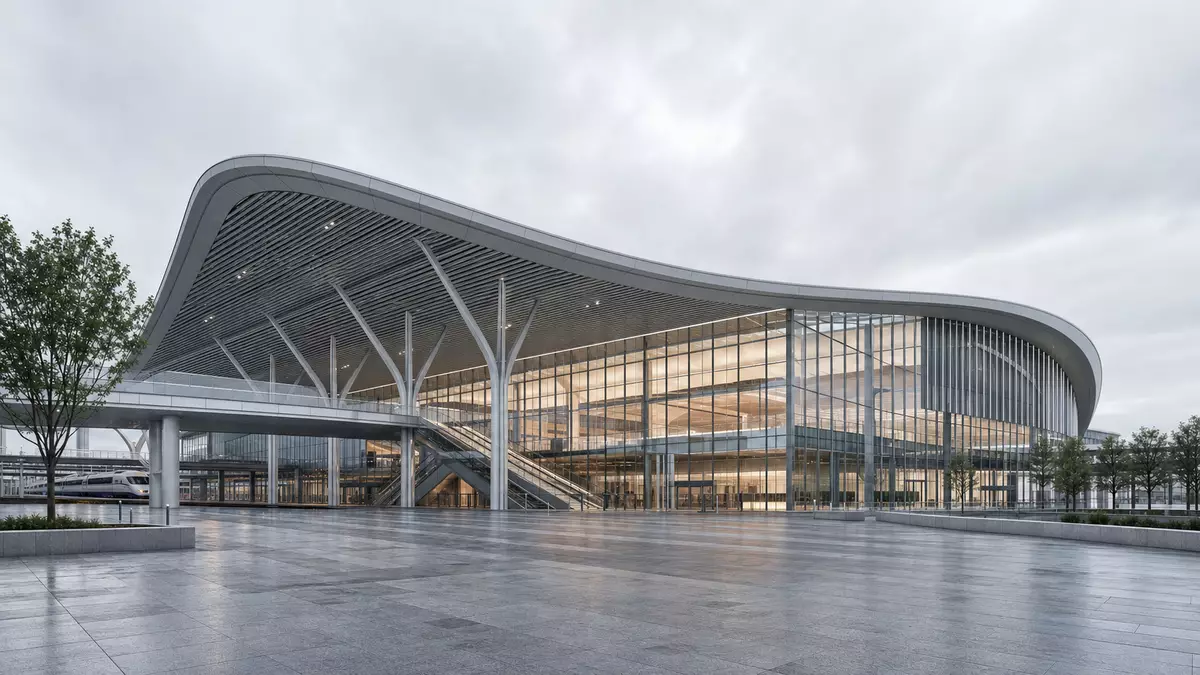 3D-Render eines modernen Glas- und Stahl-Bahnhofsgebäudes mit geschwungenem Dach