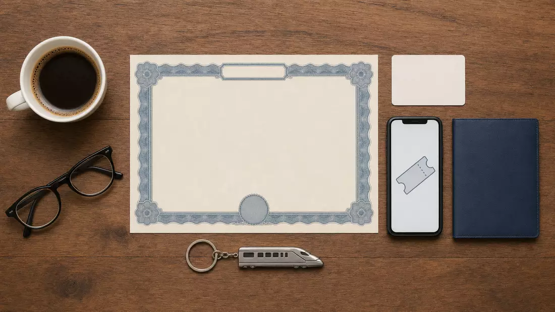 Flatlay mit Aktienzertifikat, Smartphone, Zug-Anhänger und Reisepass auf Holztisch
