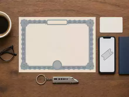 Flatlay mit Reiseutensilien und Aktienzertifikat symbolisiert die Anlage in Trainline plc, ISIN GB00B4Z5Y988, im Ticketing-Geschäft - Foto: THN