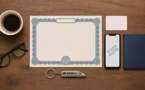 Flatlay mit Reiseutensilien und Aktienzertifikat symbolisiert die Anlage in Trainline plc, ISIN GB00B4Z5Y988, im Ticketing-Geschäft - Foto: THN