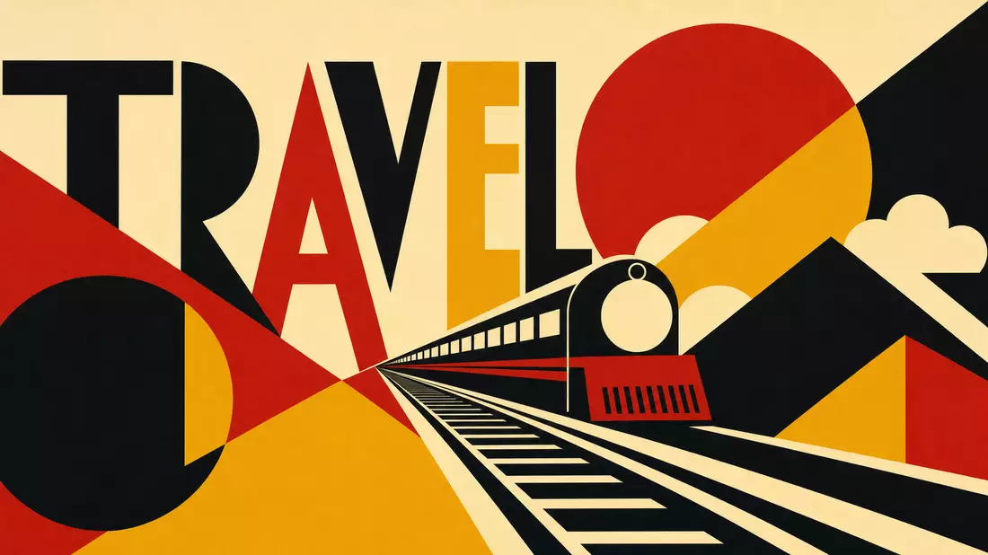 Bauhaus-Poster mit stilisiertem Zug, geometrischen Formen und Schriftzug TRAVEL