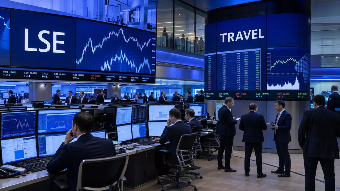 Trading-Floor mit Bildschirmen, Börsenkürzel LSE und Sektorbezeichnung TRAVEL