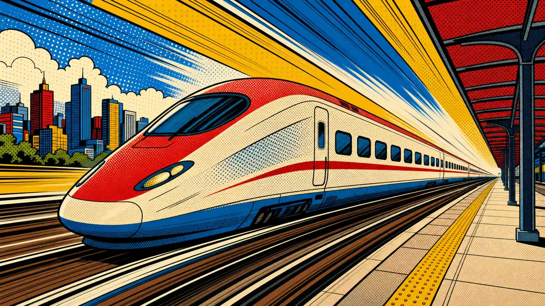 Pop-Art-Comic eines schnellen Zuges auf einem Bahnsteig mit Halbtonpunkten