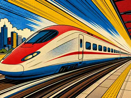 Farbenfrohe Pop-Art-Comicszene mit rasendem Zug verkörpert das Reiseerlebnis von Trainline plc, ISIN GB00B4Z5Y988, humorvoll - Foto: THN