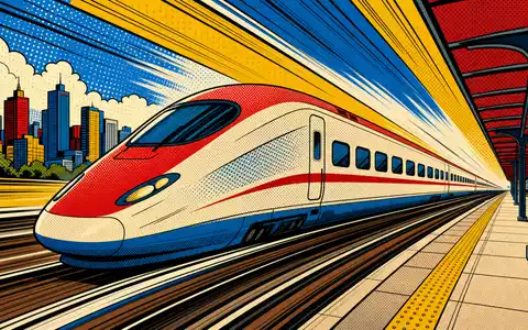 Farbenfrohe Pop-Art-Comicszene mit rasendem Zug verkörpert das Reiseerlebnis von Trainline plc, ISIN GB00B4Z5Y988, humorvoll - Foto: THN