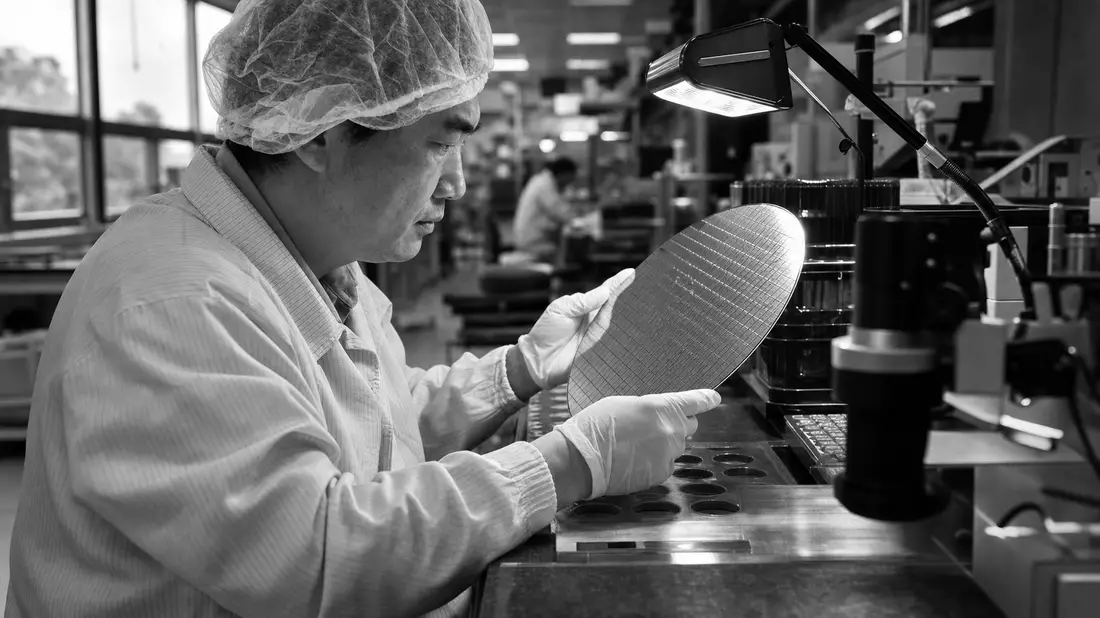 Schwarzweiß-Reportagefoto eines Ingenieurs in einer Halbleiterfabrik bei der Wafer-Inspektion