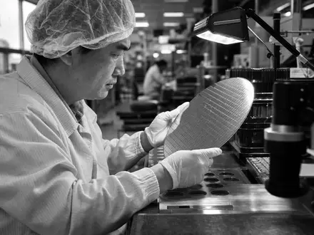 Soitec S.A. (ISIN FR0013227113) betreibt Halbleiterwerke, dokumentarisch schwarzweiß fotografiert im industriellen Produktionsalltag - Foto: THN