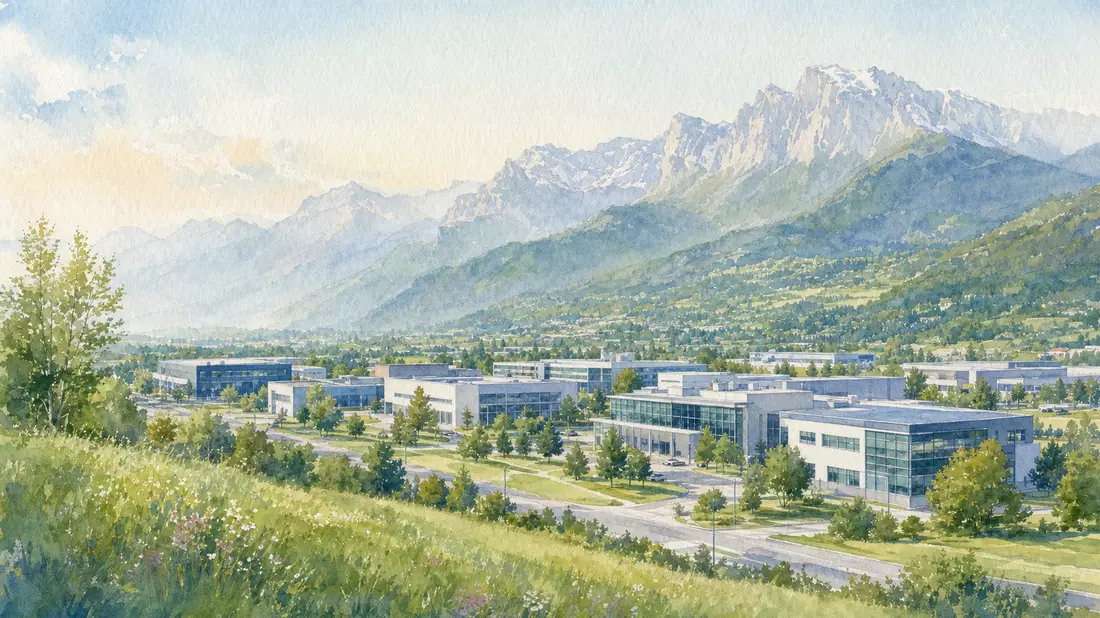 Aquarellmalerei einer Technologielandschaft mit Bergen bei Grenoble und Industriegebäuden