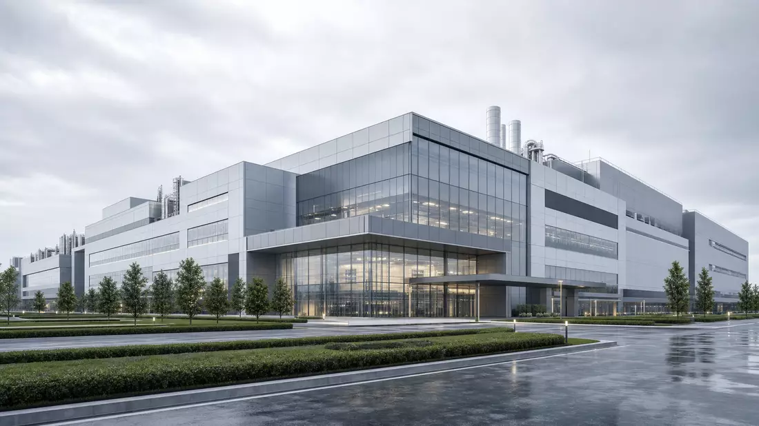 Architektonisches 3D-Render einer futuristischen Halbleiterfabrik mit Glasfassade
