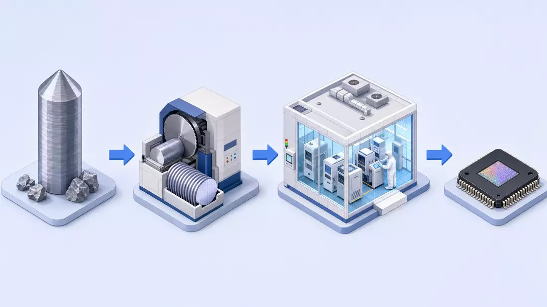 Isometrische 3D-Grafik einer Produktionskette von Rohsilizium bis zum fertigen Chip