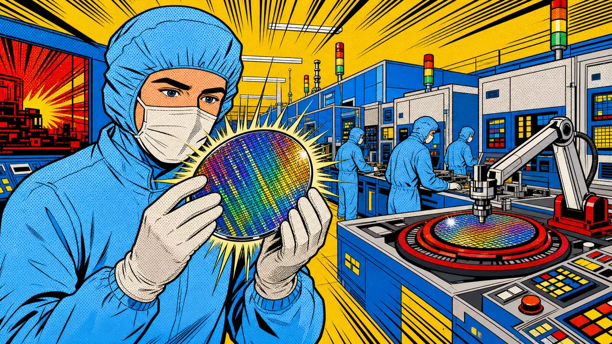 Pop-Art-Comic-Illustration einer Halbleiterfabrik mit stilisierten Arbeitern und Wafern