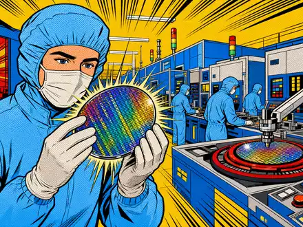 Soitec S.A. (ISIN FR0013227113): farbenfrohe Pop-Art-Comic-Szene aus einer modernen Halbleiterfabrik mit glänzenden Silizium-Wafern - Foto: THN