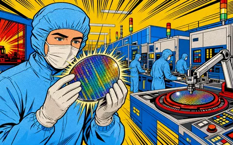 Soitec S.A. (ISIN FR0013227113): farbenfrohe Pop-Art-Comic-Szene aus einer modernen Halbleiterfabrik mit glänzenden Silizium-Wafern - Foto: THN