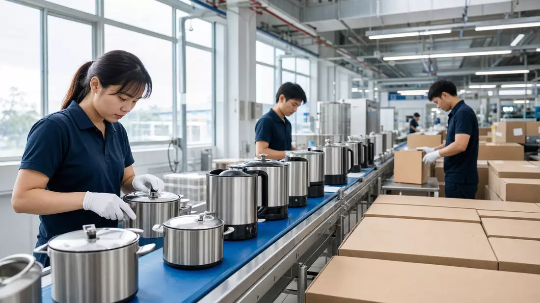 Moderne Fabrikhalle mit Fertigung von Kochgeschirr und Elektrogeräten