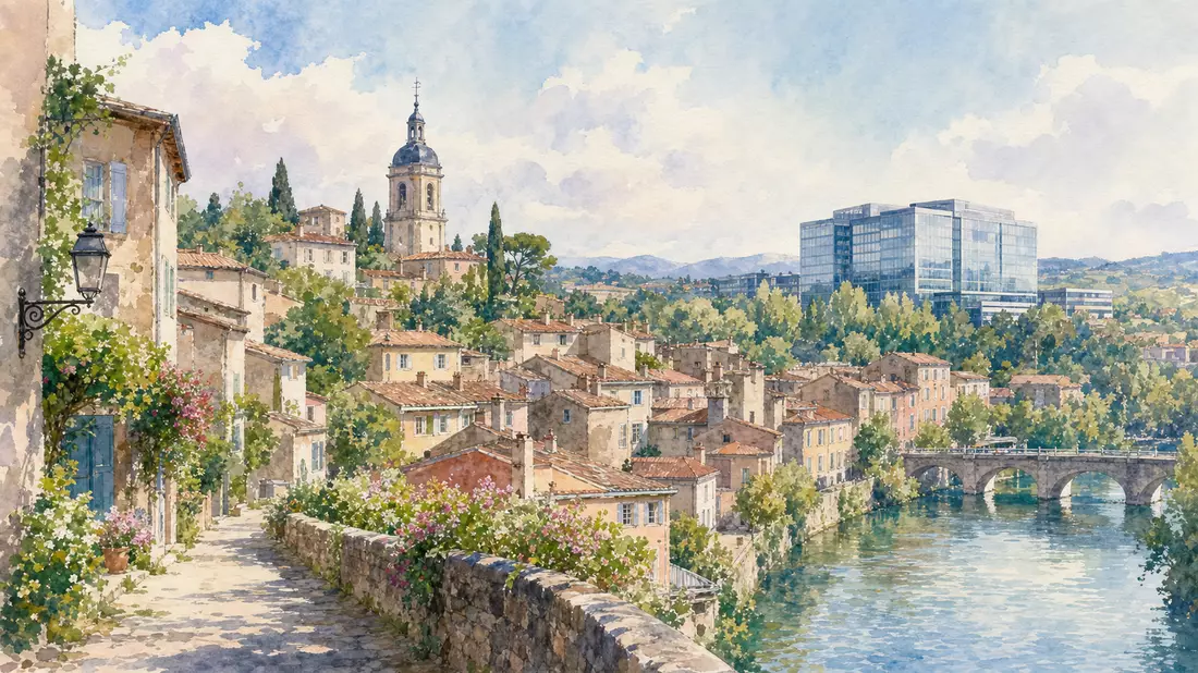 Aquarell einer französischen Stadt mit moderner Firmenzentrale im Hintergrund