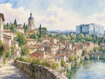 Aquarellmalerei einer französischen Kleinstadt bei Lyon, nahe dem Sitz von Groupe SEB (FR0000121709), Écully - Foto: THN