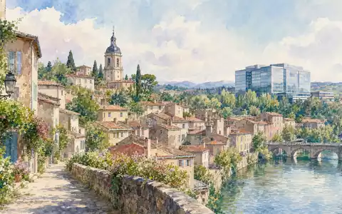 Aquarellmalerei einer französischen Kleinstadt bei Lyon, nahe dem Sitz von Groupe SEB (FR0000121709), Écully - Foto: THN