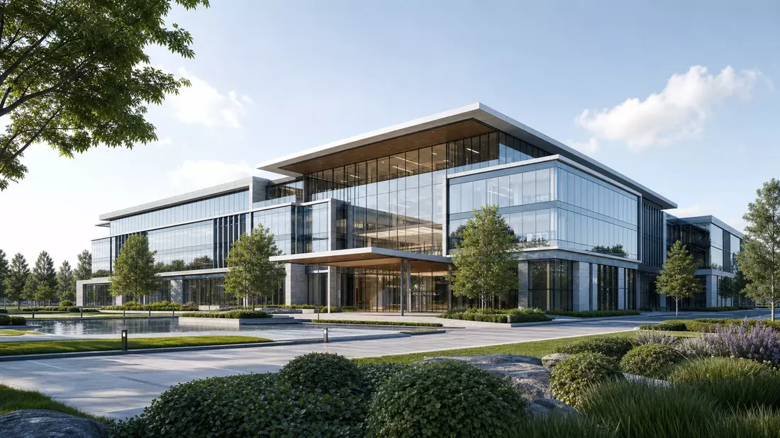 3D-Render einer modernen Glasfassaden-Firmenzentrale mit Grünanlagen