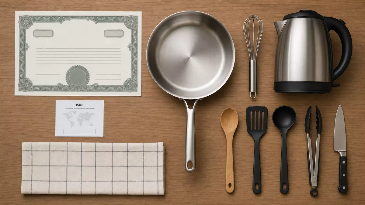 Flatlay aus Aktienzertifikat, ISIN-Karte, Pfanne, Wasserkocher und Küchenutensilien
