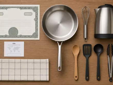 Flatlay mit Aktienzertifikat, ISIN-Karte und Küchenutensilien symbolisiert Groupe SEB (FR0000121709) und seine Haushaltsgeräte-Sparte - Foto: THN