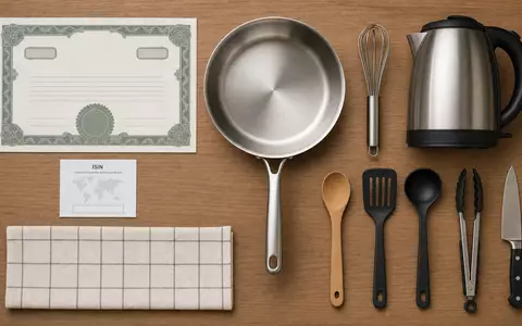 Flatlay mit Aktienzertifikat, ISIN-Karte und Küchenutensilien symbolisiert Groupe SEB (FR0000121709) und seine Haushaltsgeräte-Sparte - Foto: THN