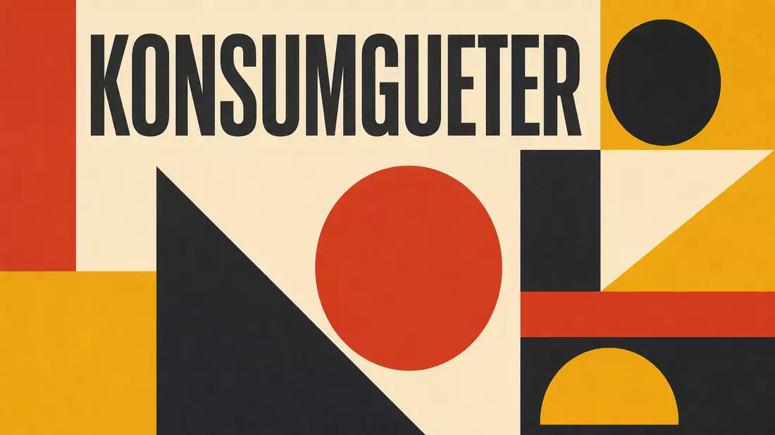 Geometrisches Bauhaus-Poster mit Kreisen, Dreiecken und dem Wort Konsumgüter