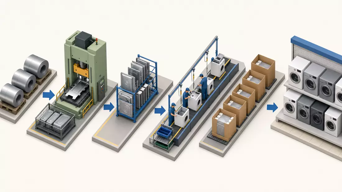 Isometrisches Diagramm der Produktionskette von Rohmaterial bis Verkaufsregal