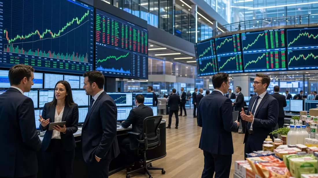 Trading-Floor mit Kursdiagrammen und Fachleuten im Gespräch, Konsumgüter-Kontext